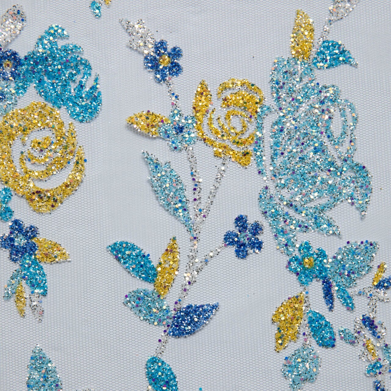 1 Yard Tulle Lace Fabric with Multicolor Glitter Floral Design, 58″ Wide